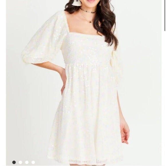 Altar'd State Dresses & Skirts - Altar’d State Shasta Sequin Rainbow Pastel Butter Yellow Babydoll Dress Fairy M